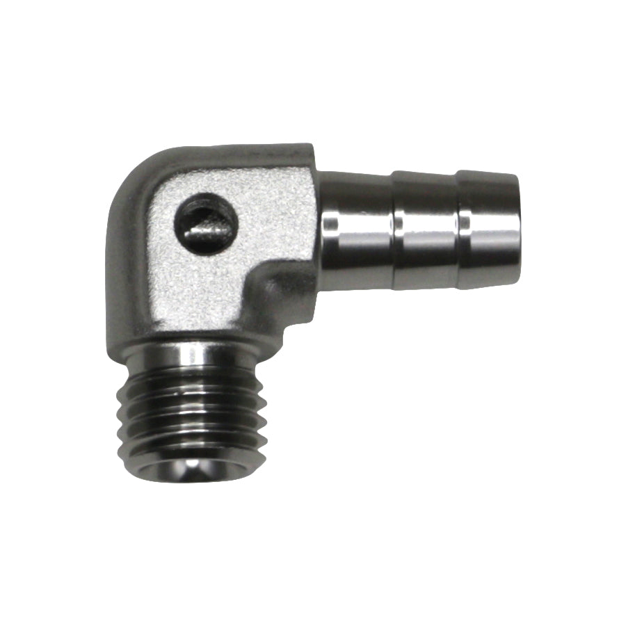 06-02-0650 DeatschWerks Metric M12 to 3/8in Hose Barb 90-Degree Fitting w/ Venturi Port - Anodized DW Titanium