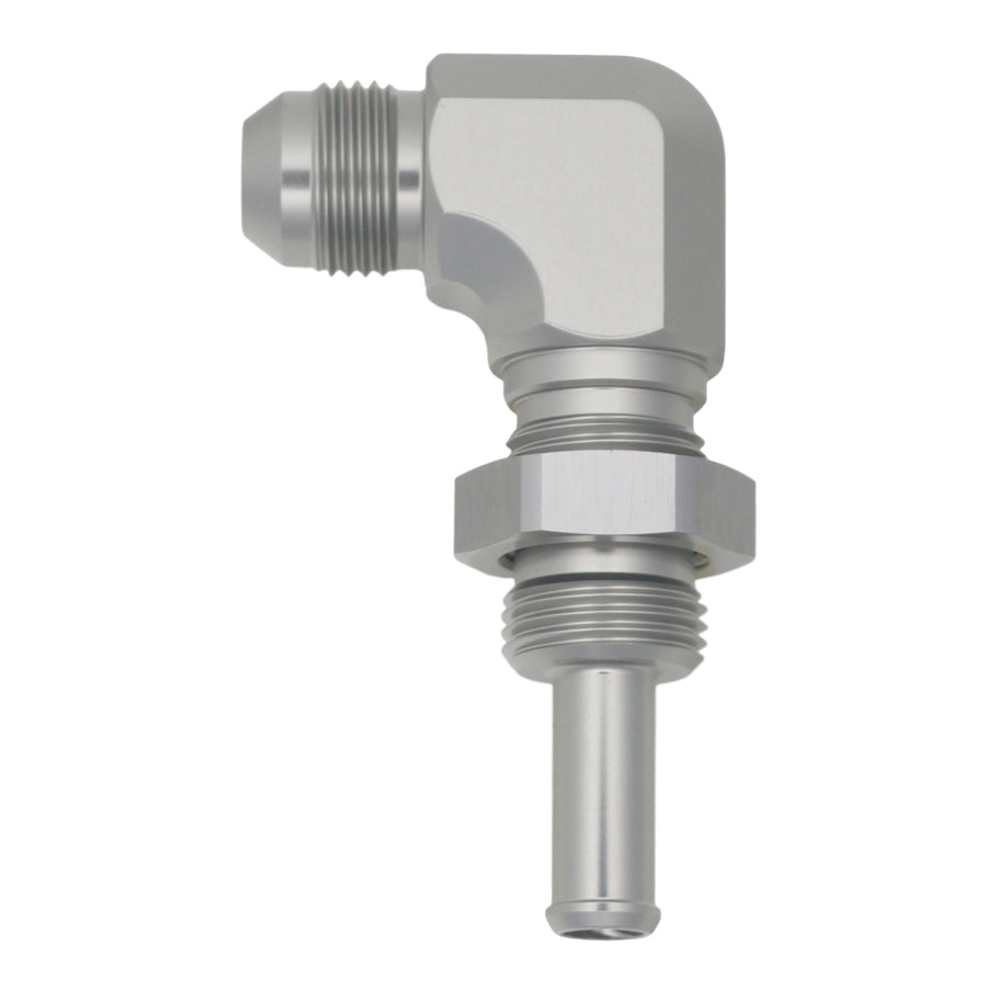 06-02-0742 DeatschWerks 8AN Male Flare to 90-Degree 3/8in Single Hose Barb - Anodized DW Titanium