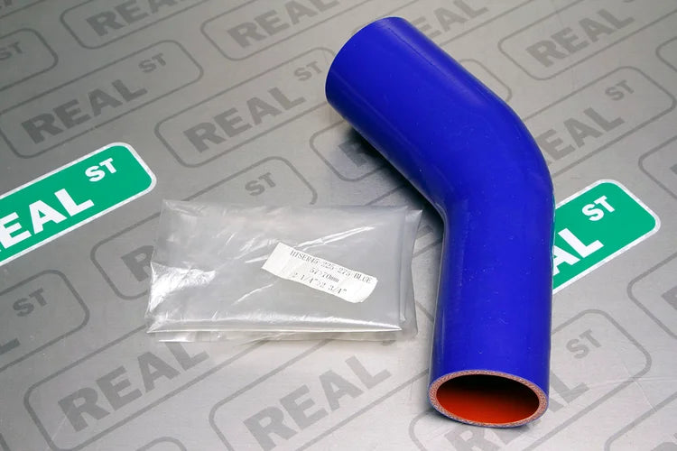 HTSER45-225-275-BLUE HPS 2.25" to 2.75" ID 4PLY Silicone 45 Deg Elbow Reducer Hose Blue 57MM ID to 70MM ID