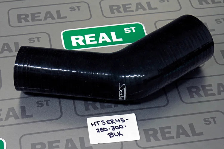 HTSER45-250-300-BLK HPS 2.5" to 3" ID 4-PLY Silicone 45 Deg Elbow Reducer Hose Black 63MM ID to 76MM ID