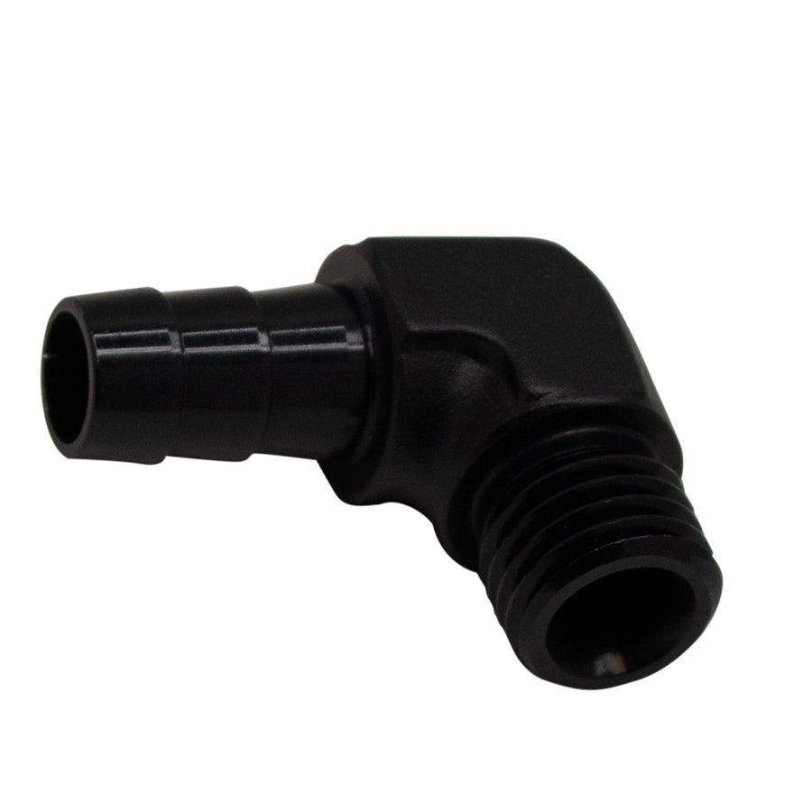 6-02-0650-B DeatschWerks Metric M12 to 3/8in Hose Barb 90-Degree Fitting w/ Venturi Port - Anodized Matte Black