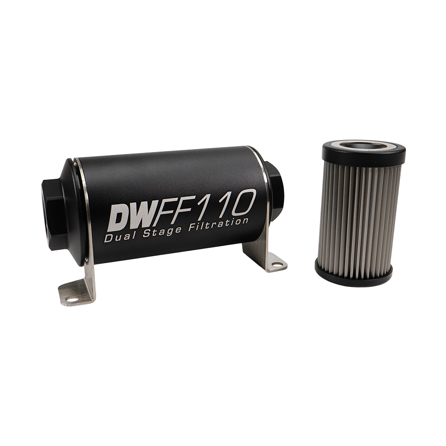 8-03-110-005K DW 110mm Inline Fuel Filter 5 Micron Stainless Steel Element E85 Post-Pump 10 AN ORB Female