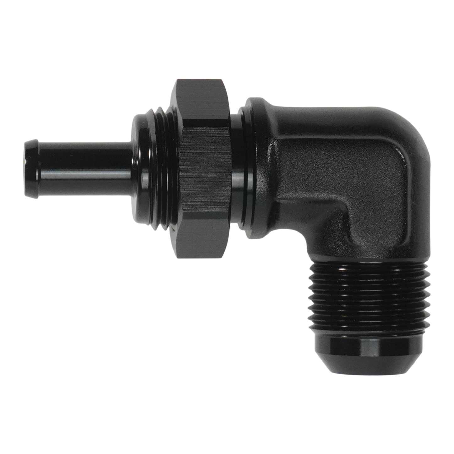 6-02-0796-B DeatschWerks 10AN Male Flare Bulkhead to 3/8in Hose Barb 90-Degree