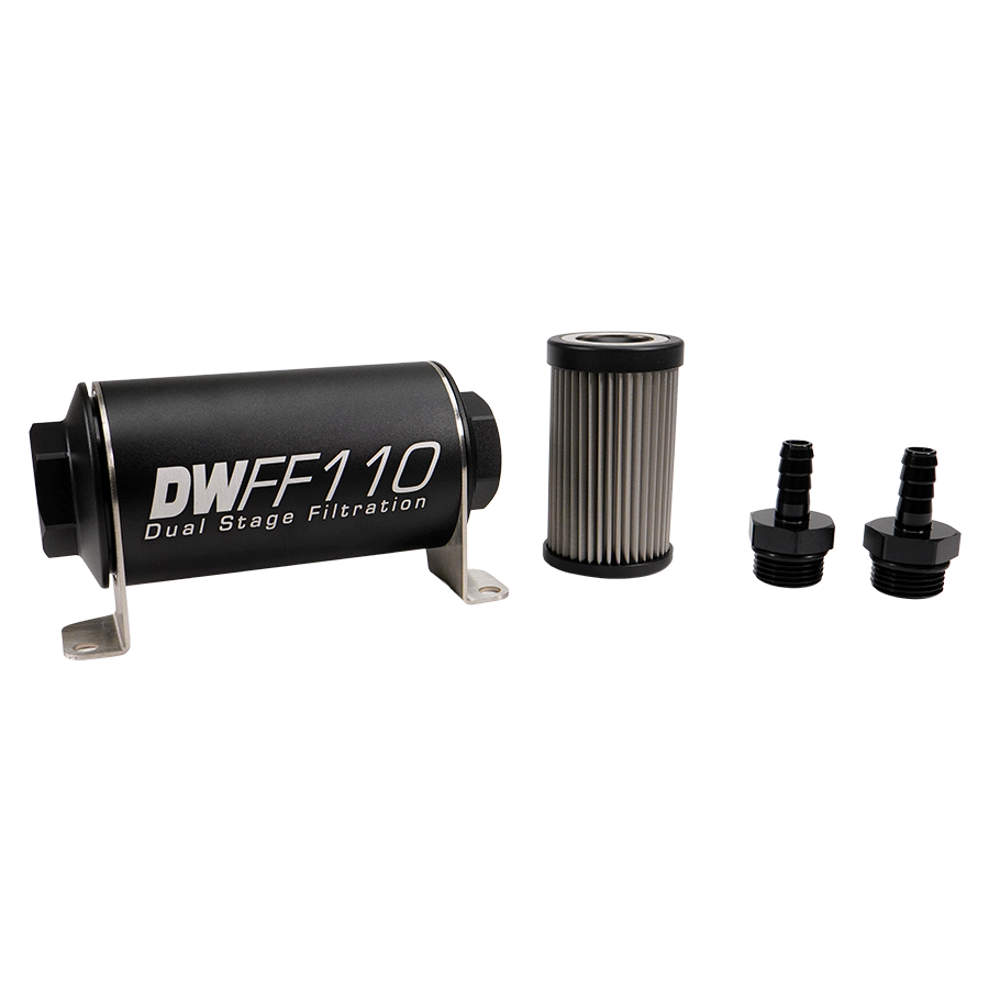 8-03-110-005K-38 DW 110mm Inline Fuel Filter 5 Micron Stainless Steel Element E85 Post-Pump 3/8" Hose Barb Universal