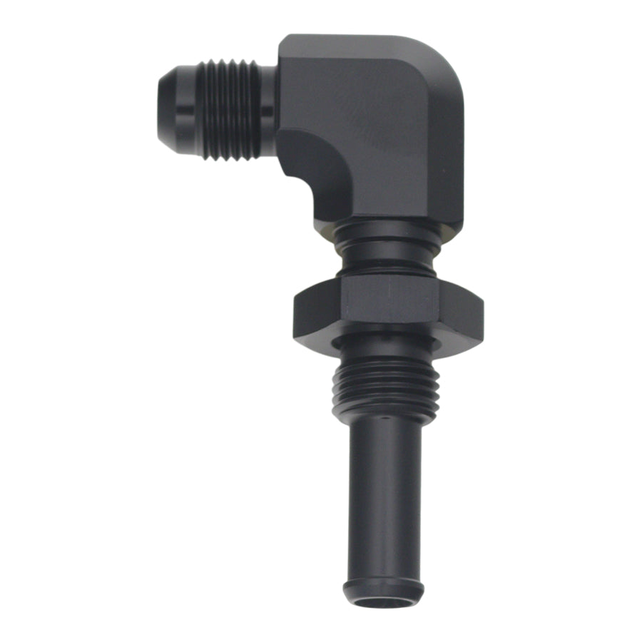 6-02-0733-B DeatschWerks 6AN Male Flare to 90-Degree 3/8in Single Hose Barb - Anodized Matte Black