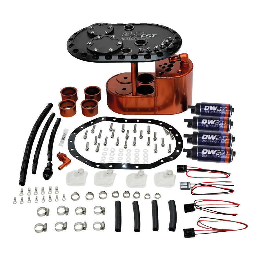 6-201-20FST DeatschWerks 2.0L Staged Fuel Cell Surge Tank (Includes 4 DW200 Fuel Pumps)