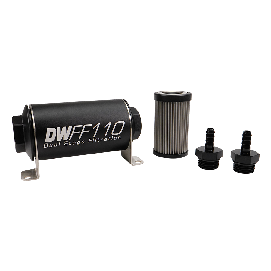 8-03-110-040K-516 DW 110mm Inline Fuel Filter 40 Micron Stainless Steel Element E85 Post-Pump 5/16" Hose Barb