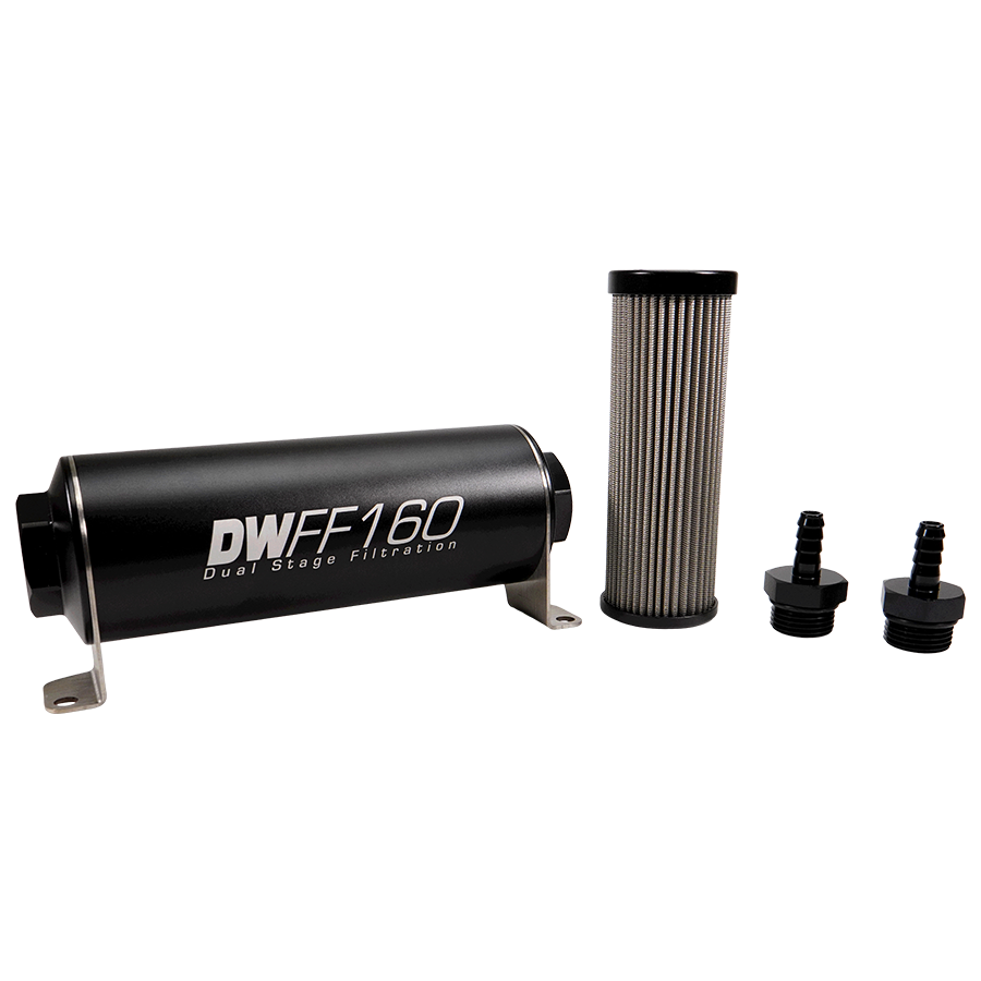 8-03-160-005K-516 DW 160mm Inline Fuel Filter 5 Micron Stainless Steel Element E85 Post-Pump 5/16" Hose Barb