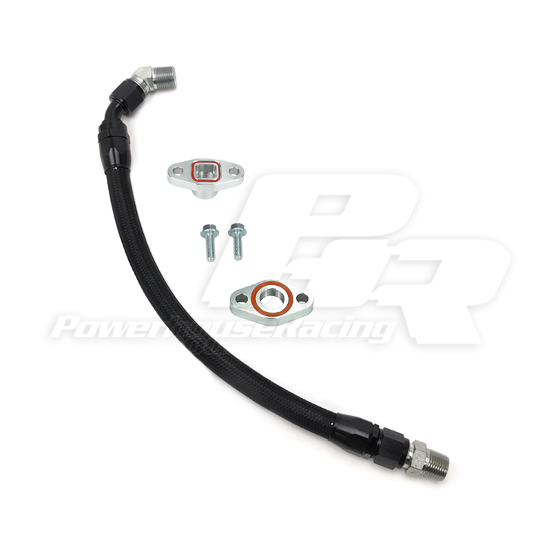PHR Turbo Oil Drain Kit -Black braided line with black hose ends - Works on tall PHR Turbo Kits except for NA-T Street - Black braided with Black hose ends