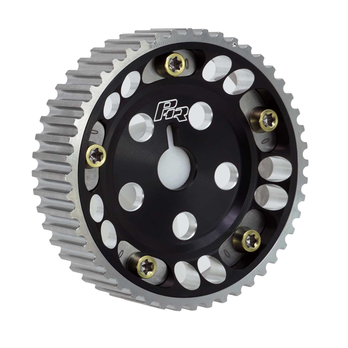 PHR Billet Titanium or Aluminum Adjustable Locking Cam Gear Builder for 2JZ/1JZ Engines - Black Anodized Aluminum Inner, Machined Titanium Outer, Stainless "0" Degree Locks, Yellow Titanium Hardware