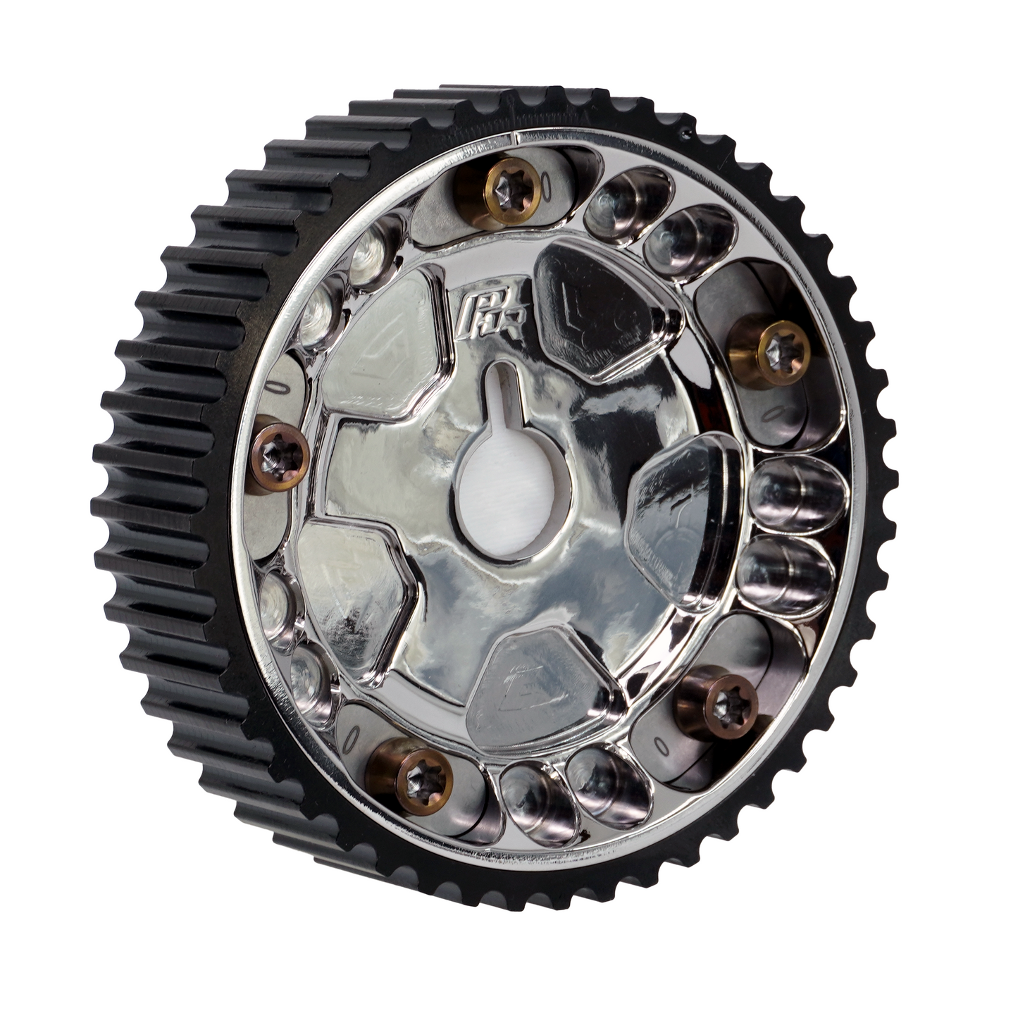 PHR Billet Titanium or Aluminum Adjustable Locking Cam Gear Builder for 2JZ/1JZ Engines - Polished Titanium Inner, Black Anodized Aluminum Outer, Titanium "0" Degree Locks, Bronze Titanium Hardware