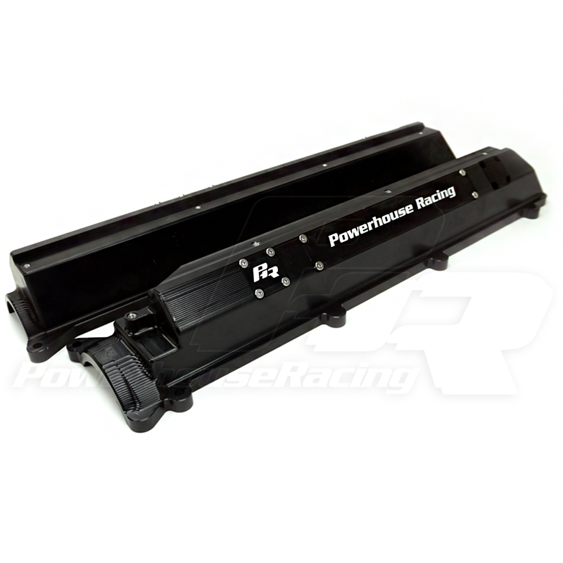 PHR Flex Billet Valve Covers for 2JZ, VVT-i, for Dry sump (No Oil Cap) - Black Anodized, Black Anodized, "Powerhouse Racing", 2 Block-Off Plates, Black Anodized, "PHR" Logo, Add Breather Manifolds (Set of two), Black Anodized, Stainless, Stainless