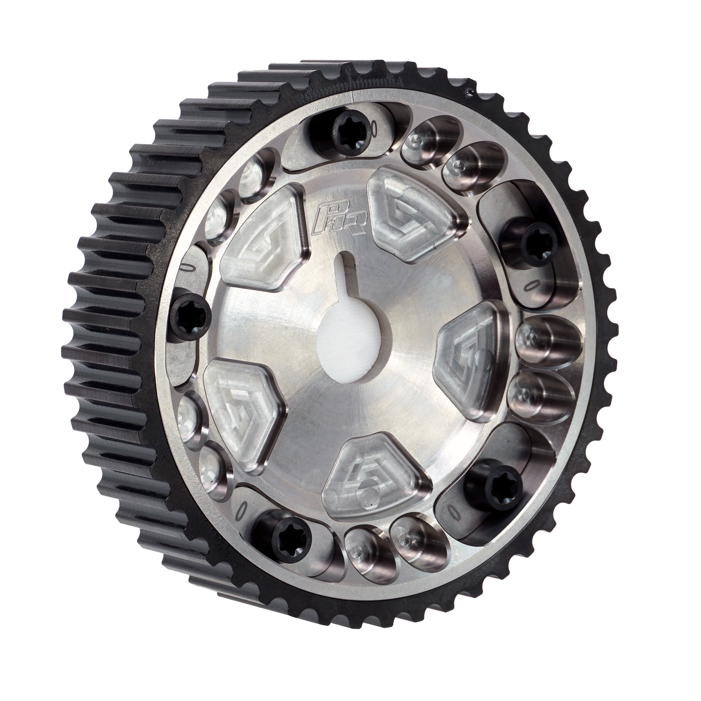 PHR Billet Titanium or Aluminum Adjustable Locking Cam Gear Builder for 2JZ/1JZ Engines - Machined Titanium Inner, Black Anodized Aluminum Outer, Stainless "0" Degree Locks, Black Titanium Hardware