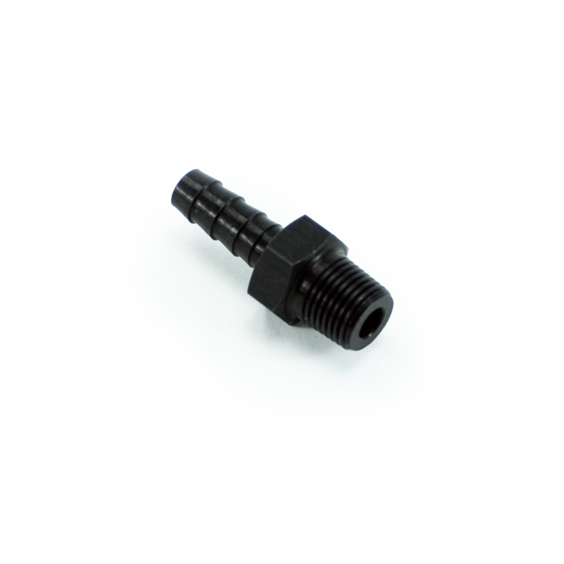 1/8 NPT male to 1/4 hose barb, Staight, Aluminum, Anodized Black