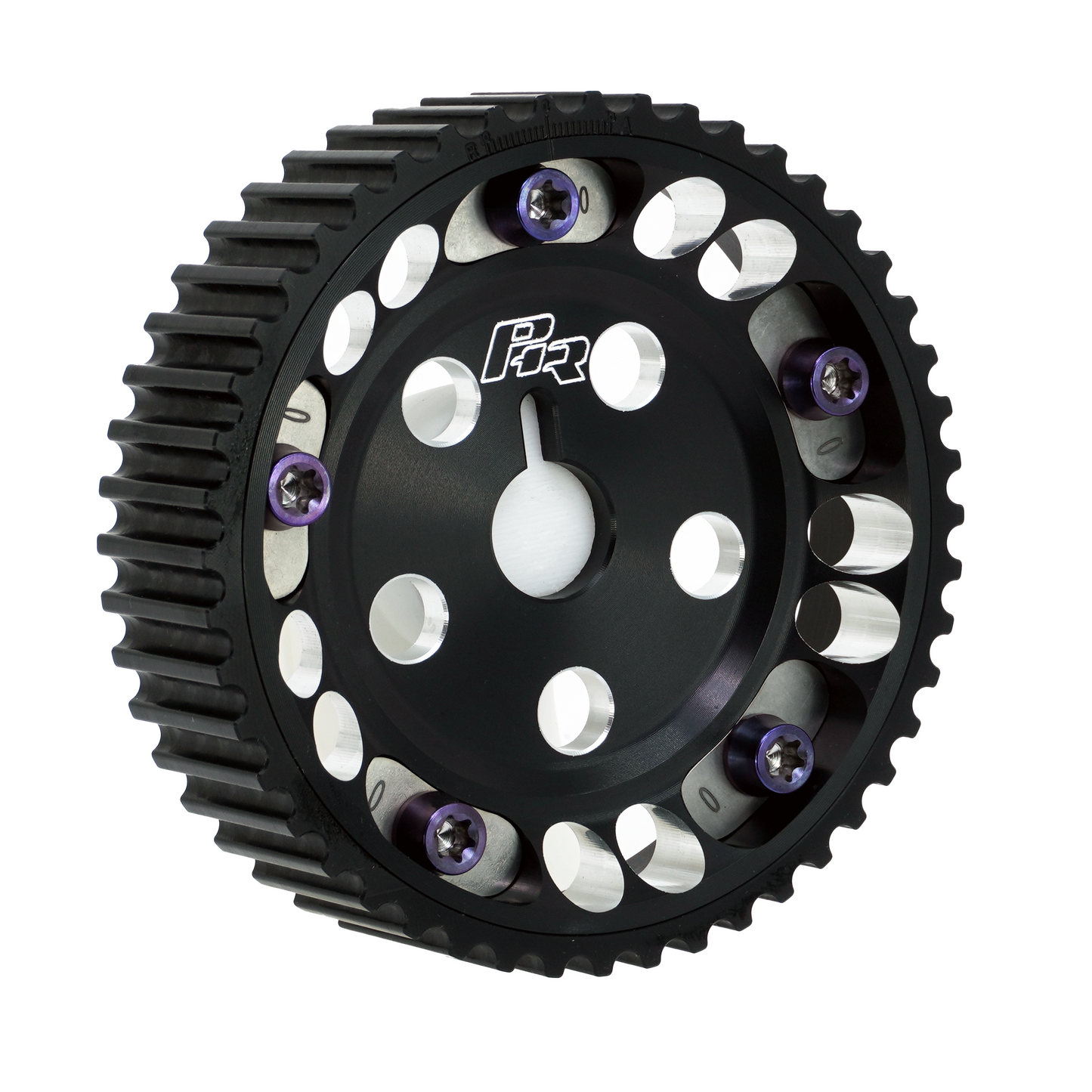 PHR Billet Titanium or Aluminum Adjustable Locking Cam Gear Builder for 2JZ/1JZ Engines - Black Anodized Aluminum Inner, Black Titanium Outer, Stainless "0" Degree Locks, Purple Titanium Hardware