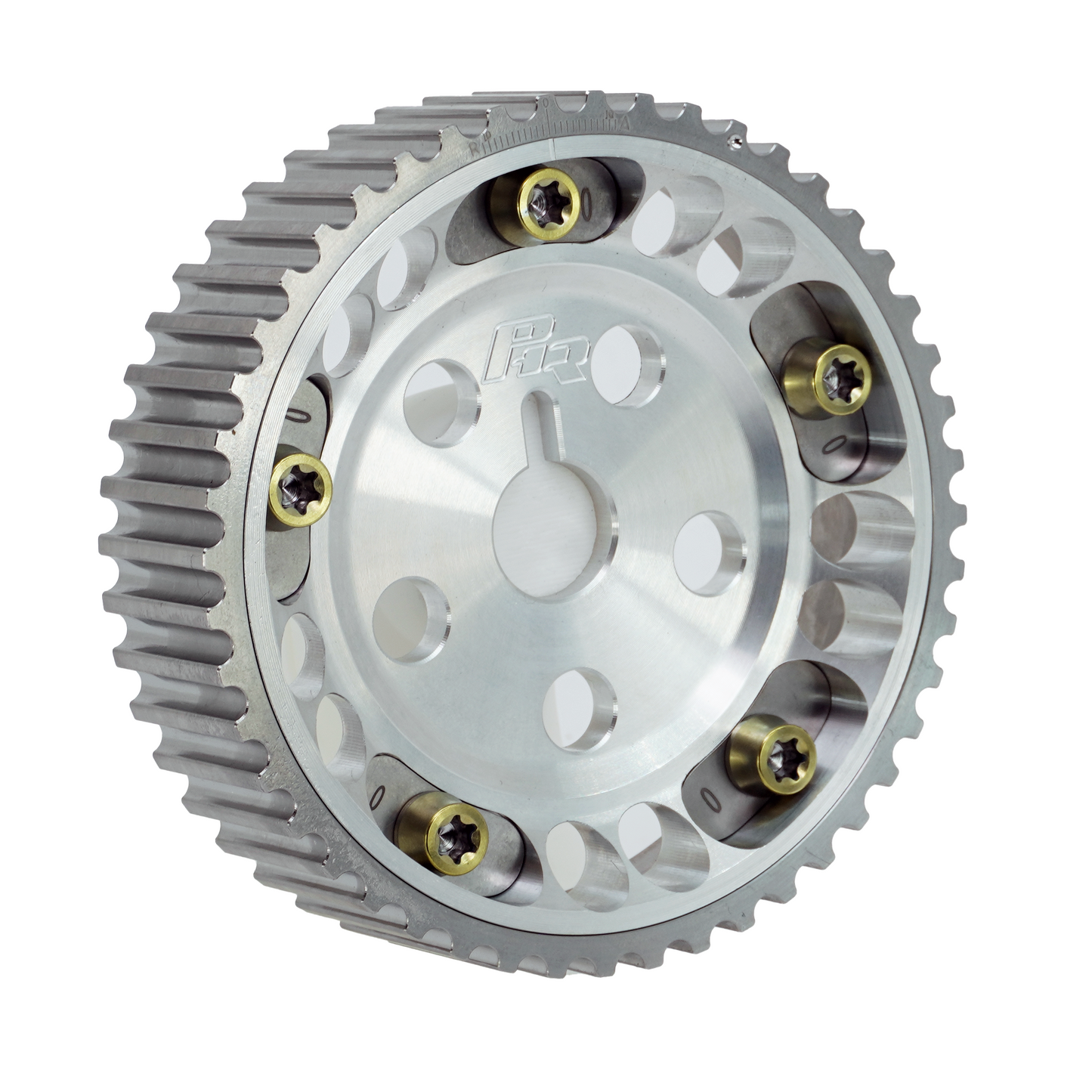 PHR Billet Titanium or Aluminum Adjustable Locking Cam Gear Builder for 2JZ/1JZ Engines - Machined Aluminum Inner, Machined Titanium Outer, Stainless "0" Degree Locks, Yellow Titanium Hardware