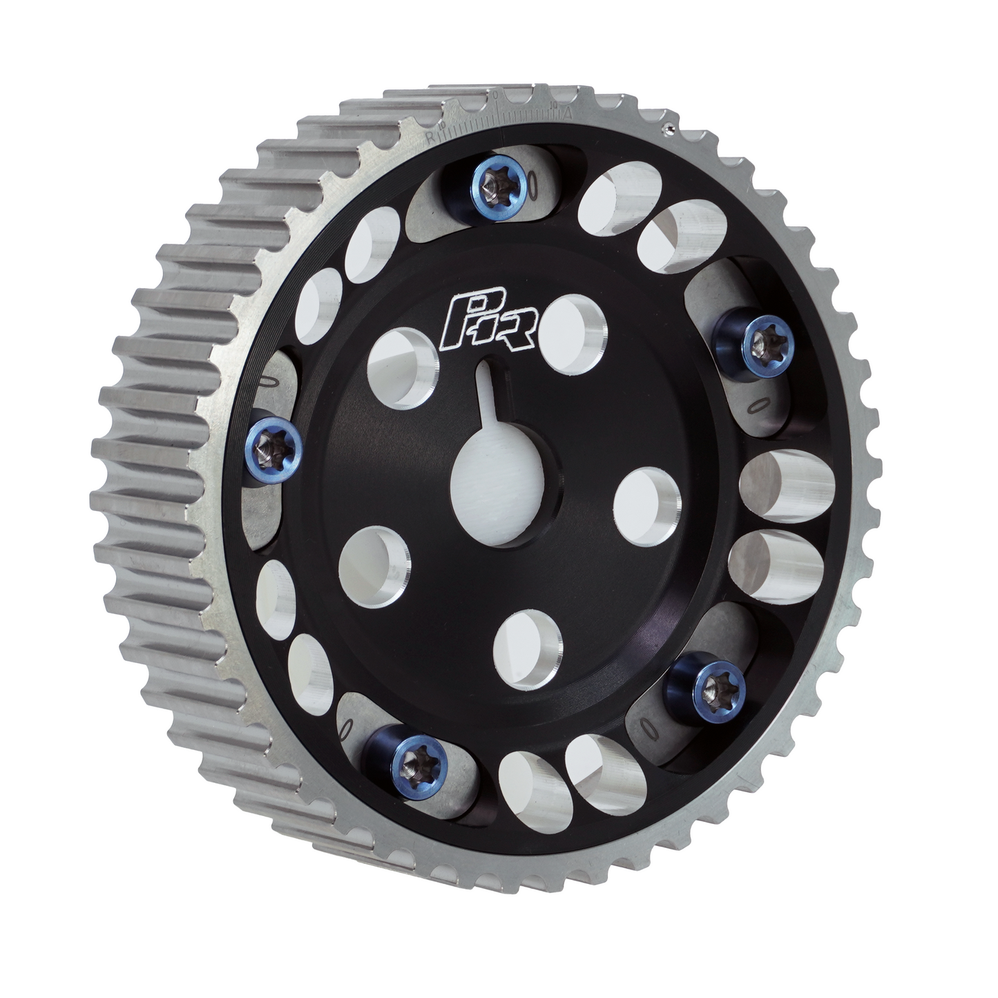 PHR Billet Titanium or Aluminum Adjustable Locking Cam Gear Builder for 2JZ/1JZ Engines - Black Anodized Aluminum Inner, Machined Titanium Outer, Titanium "0" Degree Locks, Blue Titanium Hardware