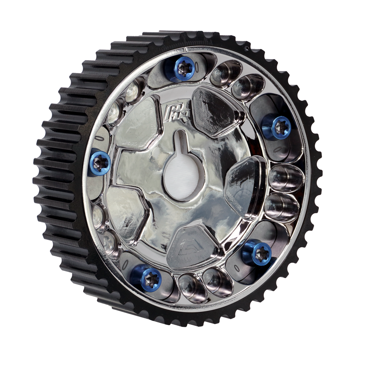 PHR Billet Titanium or Aluminum Adjustable Locking Cam Gear Builder for 2JZ/1JZ Engines - Polished Titanium Inner, Black Anodized Aluminum Outer, Stainless "0" Degree Locks, Blue Titanium Hardware
