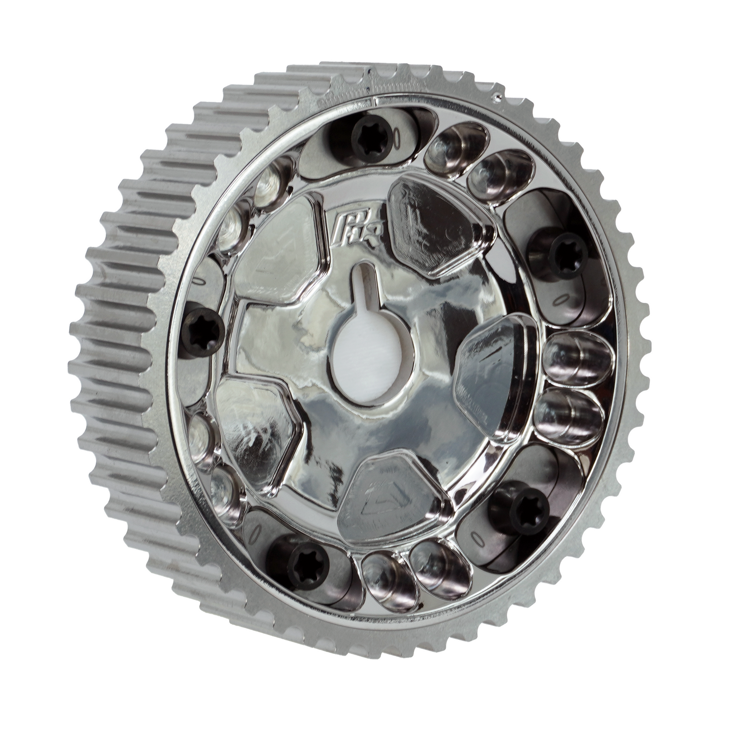 PHR Billet Titanium or Aluminum Adjustable Locking Cam Gear Builder for 2JZ/1JZ Engines - Polished Titanium Inner, Machined Titanium Outer, Stainless "0" Degree Locks, Black Titanium Hardware