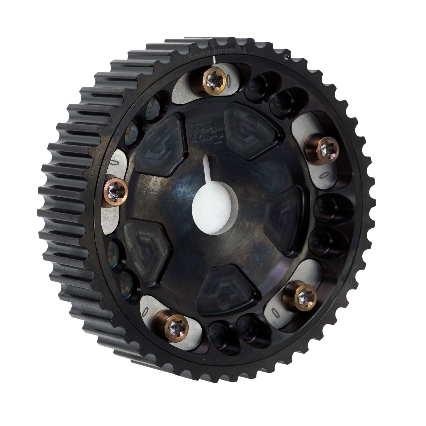 PHR Billet Titanium or Aluminum Adjustable Locking Cam Gear Builder for 2JZ/1JZ Engines - Black Titanium Inner, Black Titanium Outer, Titanium "0" Degree Locks, Bronze Titanium Hardware