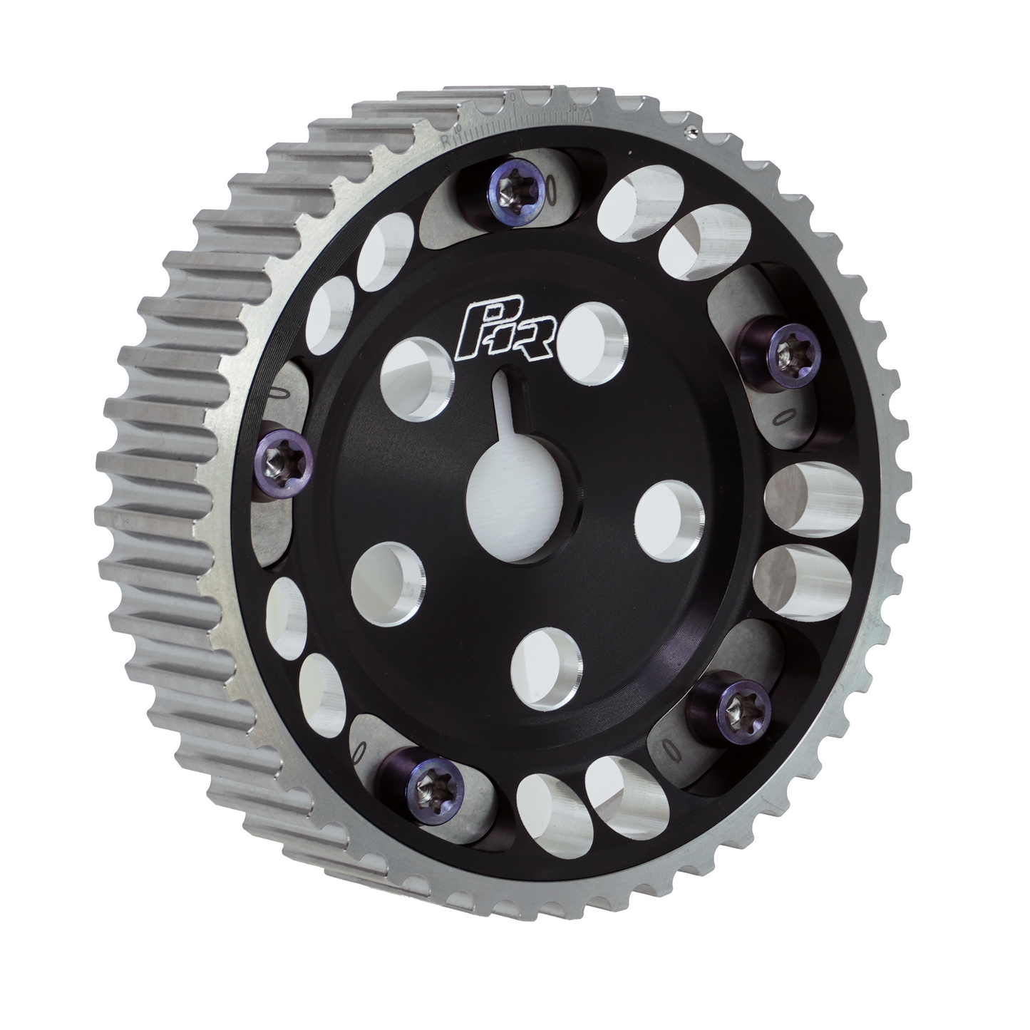 PHR Billet Titanium or Aluminum Adjustable Locking Cam Gear Builder for 2JZ/1JZ Engines - Black Anodized Aluminum Inner, Machined Titanium Outer, Titanium "0" Degree Locks, Purple Titanium Hardware