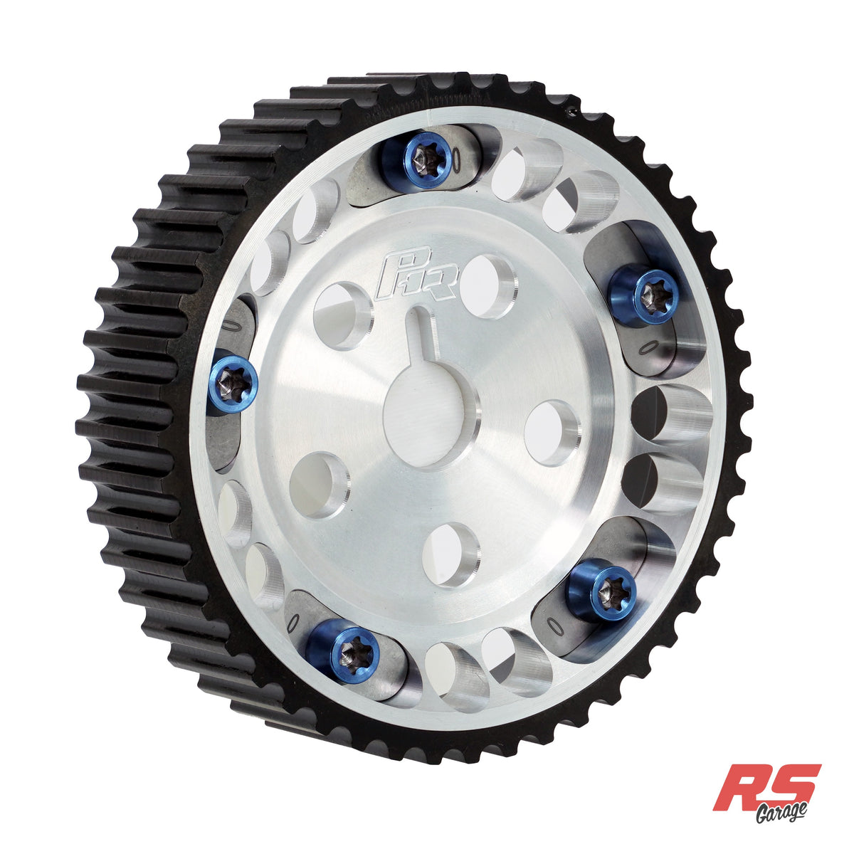 PHR Billet Titanium or Aluminum Adjustable Locking Cam Gear Builder for 2JZ/1JZ Engines - Machined Aluminum Inner, Black Anodized Aluminum Outer, Stainless "0" Degree Locks, Blue Titanium Hardware