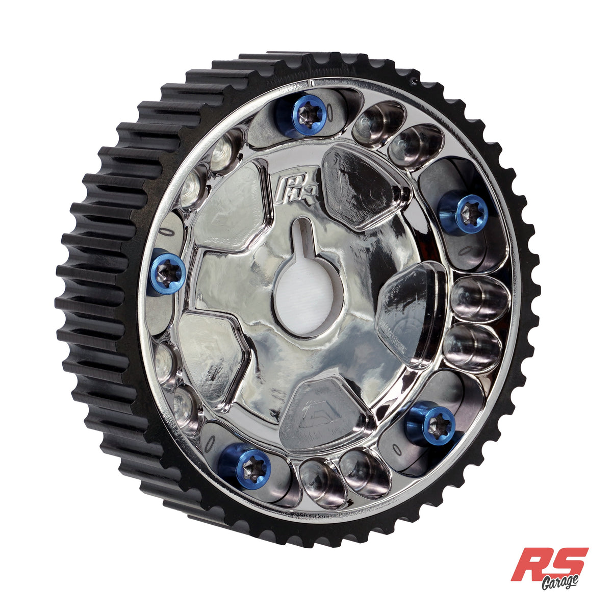PHR Billet Titanium or Aluminum Adjustable Locking Cam Gear Builder for 2JZ/1JZ Engines - Polished Titanium Inner, Black Titanium Outer, Stainless "0" Degree Locks, Blue Titanium Hardware