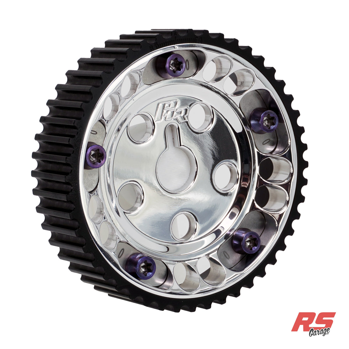 PHR Billet Titanium or Aluminum Adjustable Locking Cam Gear Builder for 2JZ/1JZ Engines - Polished Aluminum Inner, Black Titanium Outer, Stainless "0" Degree Locks, Purple Titanium Hardware