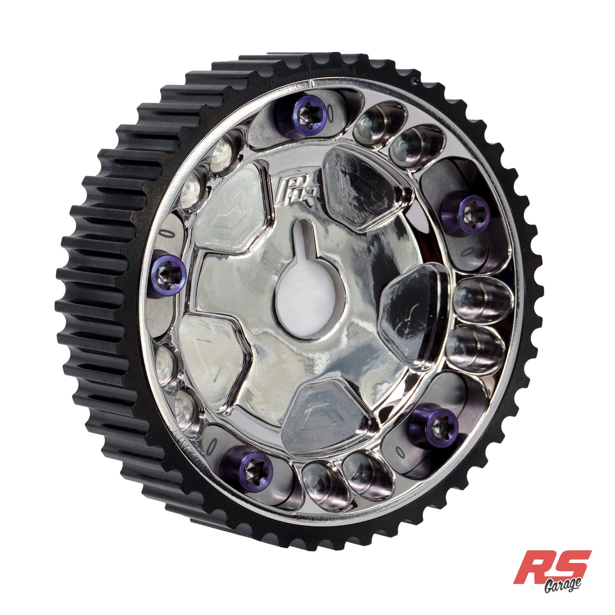 PHR Billet Titanium or Aluminum Adjustable Locking Cam Gear Builder for 2JZ/1JZ Engines - Polished Titanium Inner, Black Anodized Aluminum Outer, Stainless "0" Degree Locks, Purple Titanium Hardware