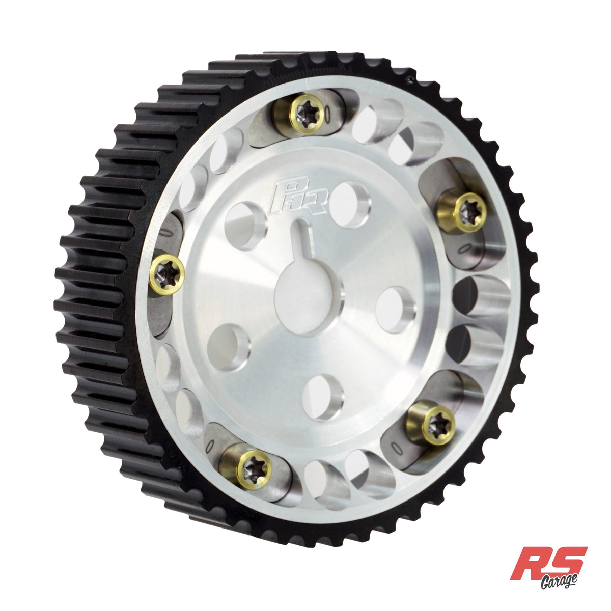 PHR Billet Titanium or Aluminum Adjustable Locking Cam Gear Builder for 2JZ/1JZ Engines - Machined Aluminum Inner, Black Titanium Outer, Titanium "0" Degree Locks, Yellow Titanium Hardware