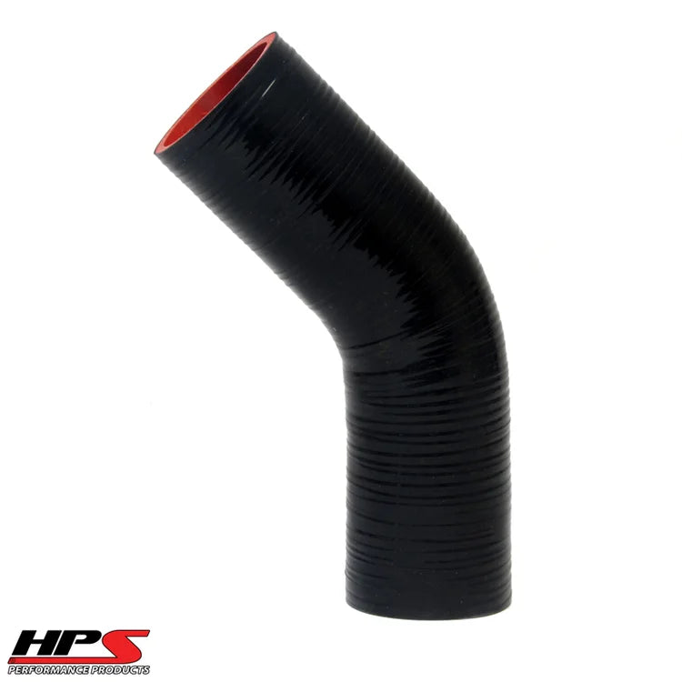 HTSEC45-162-L10-BLK HPS 1-5/8" ID 10" Leg Silicone 45 Degree Elbow Coupler Hose High Temp 4-PLY Black 41MM ID