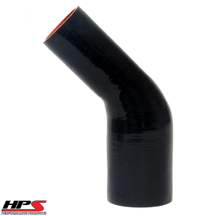 HTSER45-200-225-BLK HPS 2" > 2.25" ID 4PLY Silicone 45 Deg Elbow Reducer Hose Black 51MM > 57MM ID