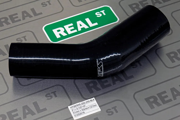 HTSER45-200-250-BLK HPS 2" > 2.5" ID 4-PLY Silicone 45 Deg Elbow Reducer Hose Black 51MM > 63MM ID