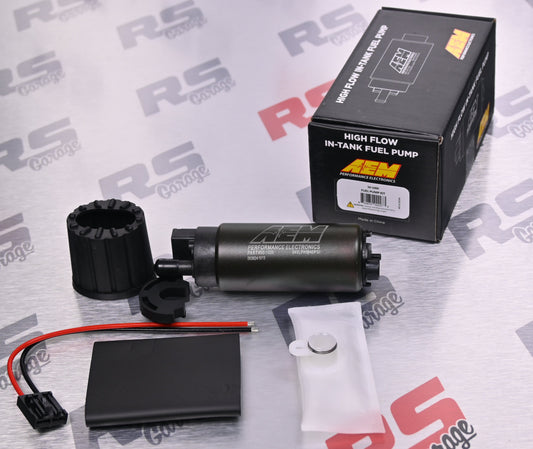 High-flow in-tank fuel pump with packaging on a RS Garage branded background