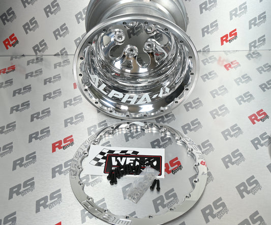 Chrome car wheel hub and cover on a branded background