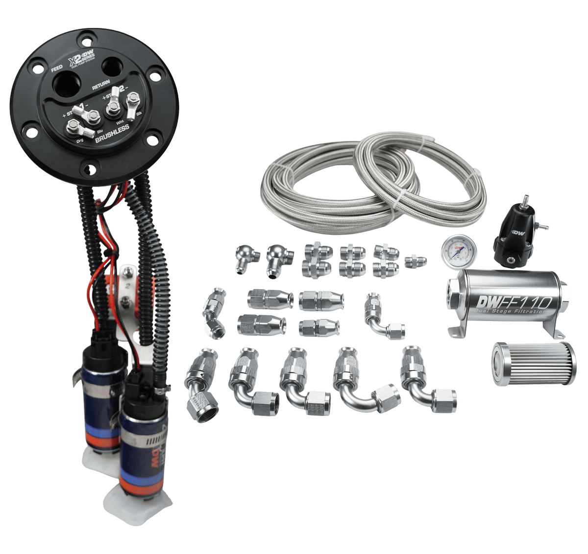 9-421-625-7043 DeatschWerks X2 Series Fuel Hanger w/Dual DW420 Pumps & PTFE Plumbing Kit 92-00 Civic 94-01 Integra