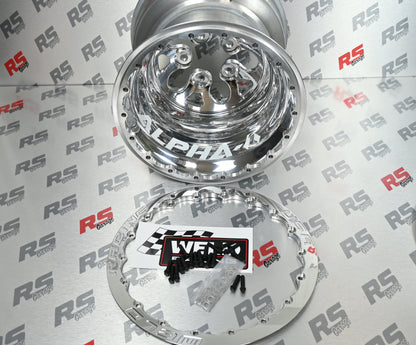 Chrome car wheel hub and cover on a branded background