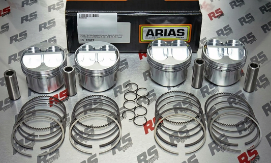 Engine piston and ring set with Arias branding on a branded surface