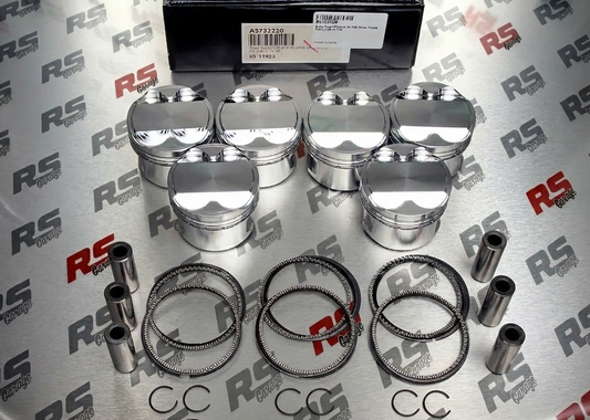 Engine piston set with rings and pins on a branded RS background