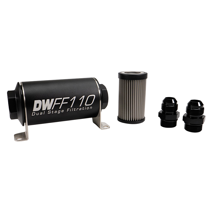 8-03-110-005K-10 DW 110mm Inline Fuel Filter 5 Micron Stainless Steel Element E85 Post-Pump 10 AN Male Universal