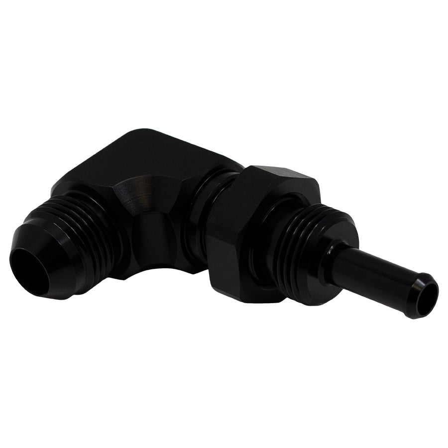 6-02-0713-B DeatschWerks 8AN Male Flare to 5/16in Male Barb Bulkhead Adapter 90-Degree - Anodized Matte Black