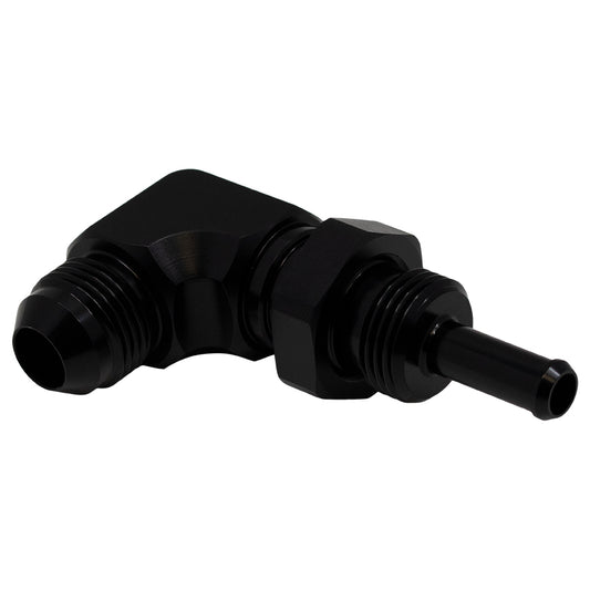 6-02-0713-B DeatschWerks 8AN Male Flare to 5/16in Male Barb Bulkhead Adapter 90-Degree - Anodized Matte Black