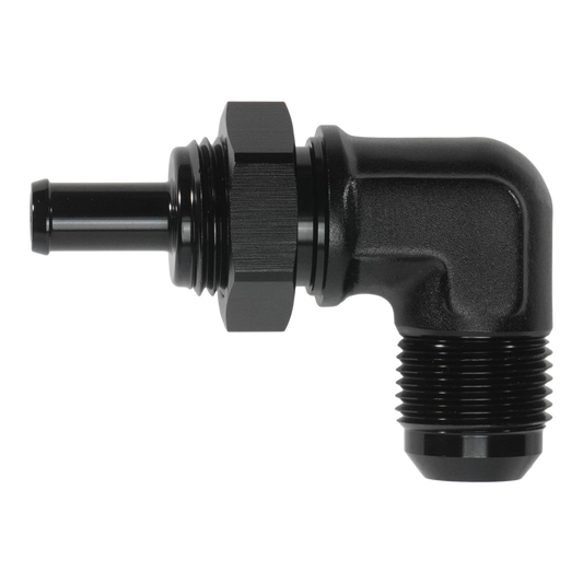 6-02-0796-B DeatschWerks 10AN Male Flare Bulkhead to 3/8in Hose Barb 90-Degree