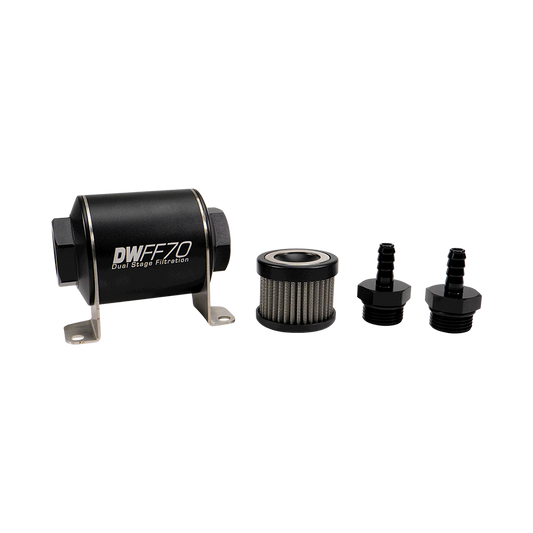 8-03-070-040K-516 DW 70mm Inline Fuel Filter 40 Micron Stainless Steel Element E85 Post-Pump 5/16" Hose Barb