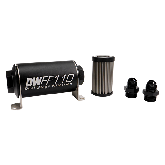 8-03-110-005K-8 DW 110mm Inline Fuel Filter 5 Micron Stainless Steel Element E85 Post-Pump 8 AN Male Universal