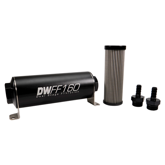 8-03-160-040K-38 DW 160mm Inline Fuel Filter 40 Micron Stainless Steel Element E85 Post-Pump 3/8" Hose Barb