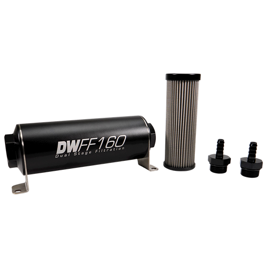 8-03-160-040K-516 DW 160mm Inline Fuel Filter 40 Micron Stainless Steel Element E85 Post-Pump 5/16" Hose Barb