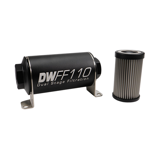 8-03-110-040K DW 110mm Inline Fuel Filter 40 Micron Stainless Steel Element E85 Post-Pump 10 AN ORB Female