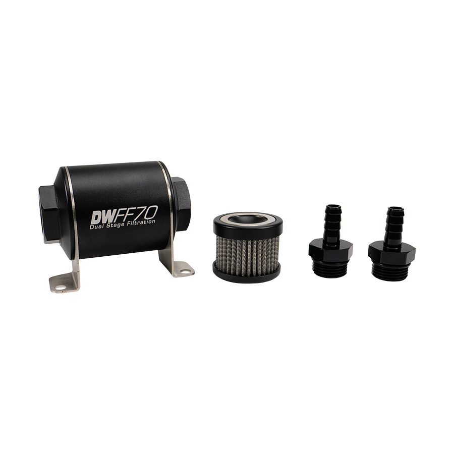 8-03-070-005K-38 DW 70mm Inline Fuel Filter 5 Micron Stainless Steel Element E85 Post-Pump 3/8" Hose Barb Universal