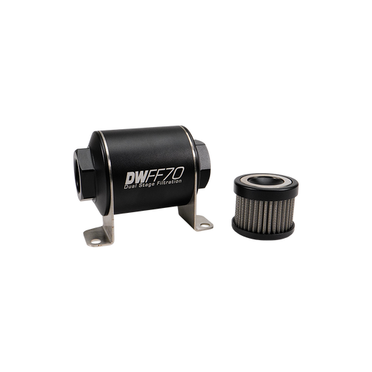8-03-070-040K DW 70mm Inline Fuel Filter 40 Micron Stainless Steel Element E85 Post-Pump 10 AN ORB Female